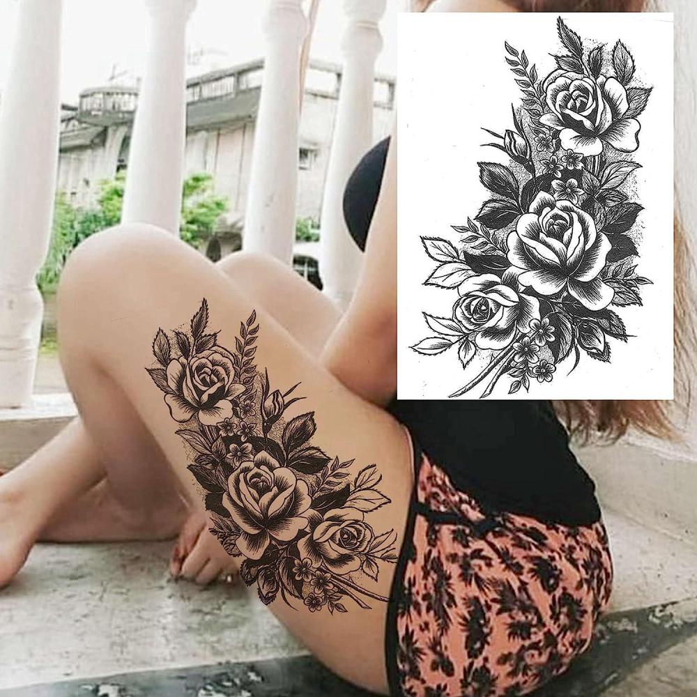 11 Sheets Large Vine Peony Flower Rose Full Arm Temporary Tattoos For Women Realistic Skull Skeleton Fake Temporary Tattoo Sleeves Stickers Waterproof Leg Makeup Floral Blossom Tatoos Paper Eye
