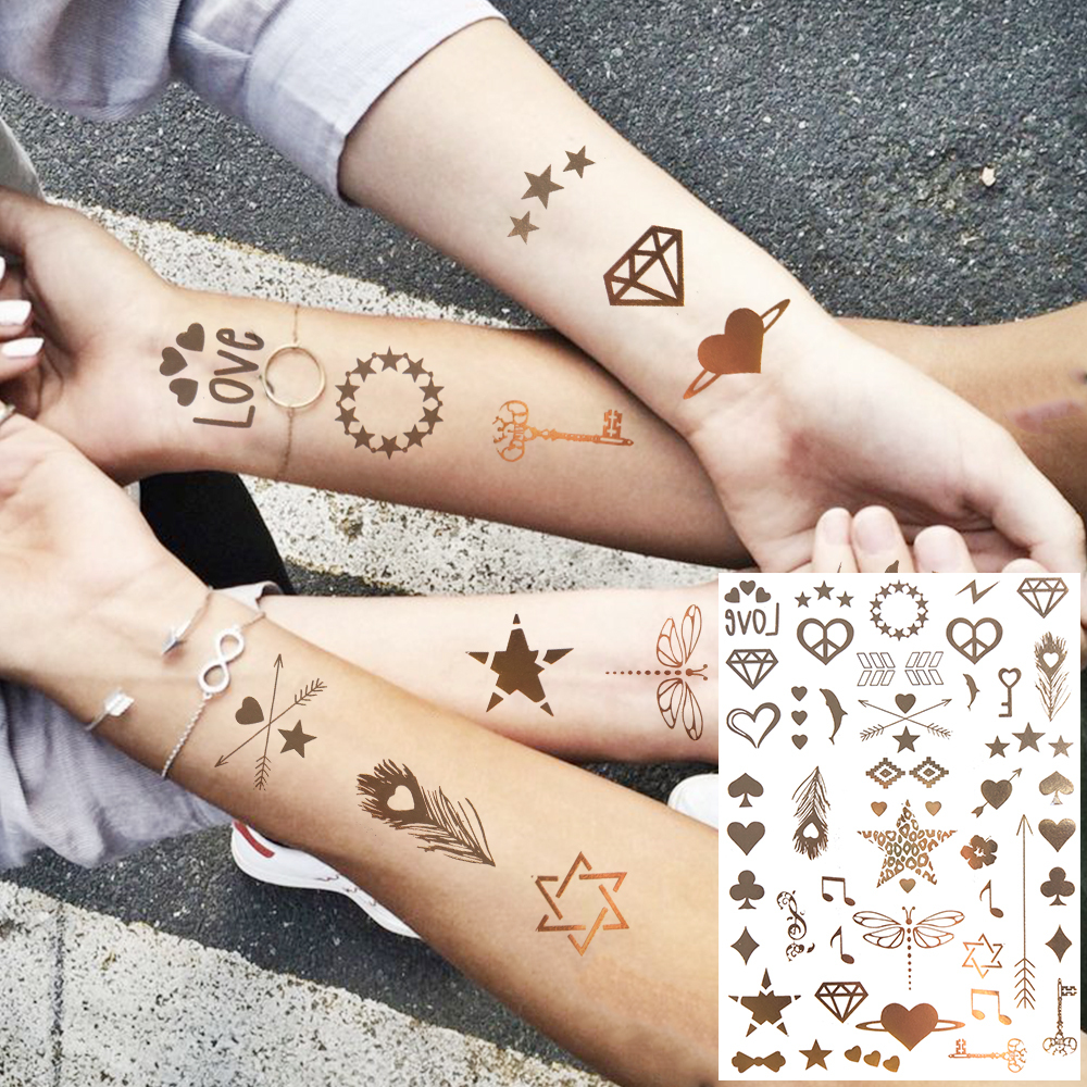 9 Sheets 110+ Designs Flash Gold Temporary Tattoos Metallic For Women Adult, Girl Golden Lion Festival Sun Moon Star Butterfly Glitter Tattoo Sticker, Fake Tattoos That Look Real and Last Long