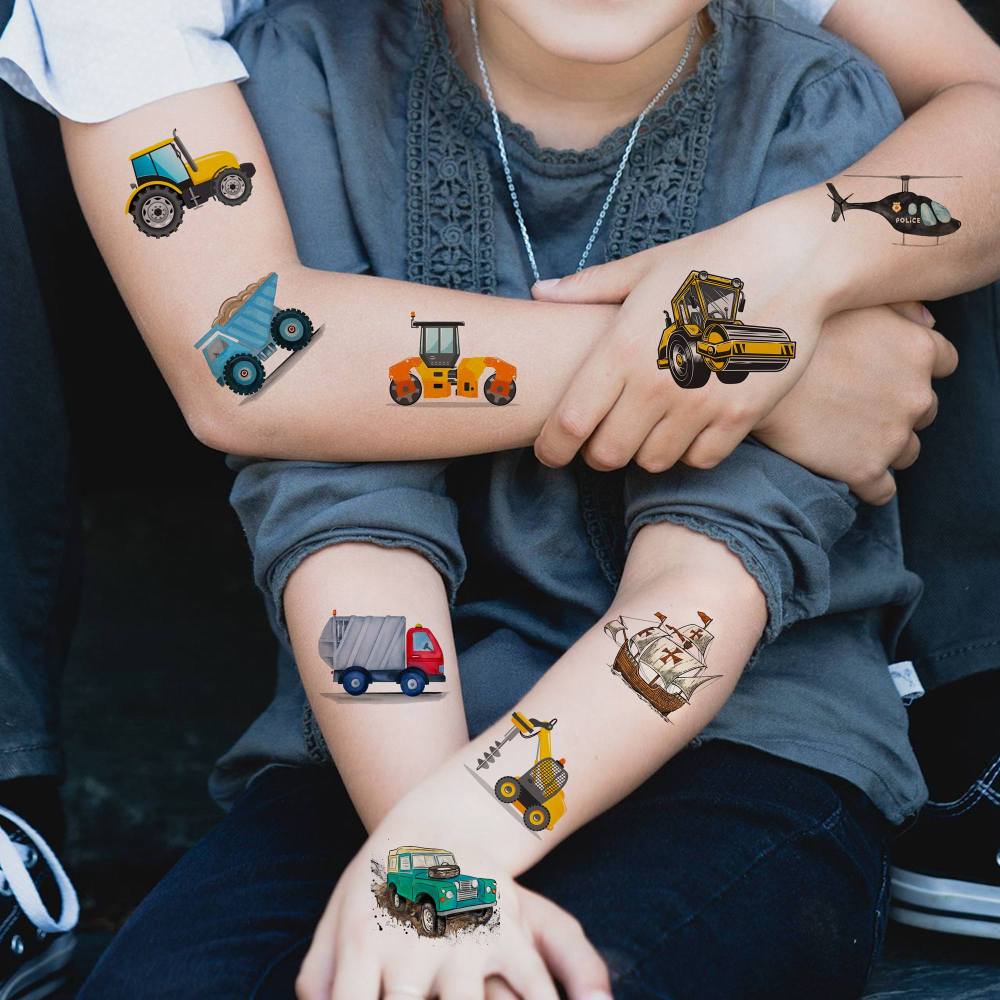 50 PCS Cute Cartoon Construction Temporary Tattoos For Kids Boys Face Arm, 3D Builder Excavator Monster Truck Racing Car Fake Tattoo Sticker Children Party Favor Birthday Gifts, Goodie Bags Stuffers