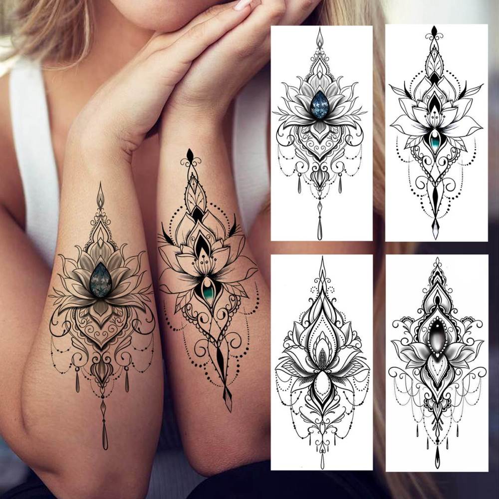 32 Sheets Sexy Black Lotus Temporary Tattoos For Women Girls Indian Tribal Lace Tatoo Sticker Neck, Mandala Flower Butterfly Rose Tattoo Temporary Dreamcatcher Elephant Henna Tattoo Kit Adults