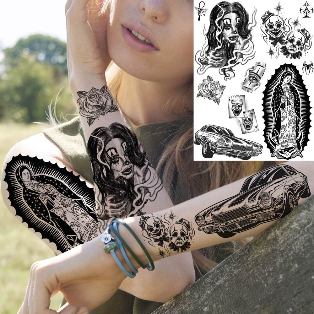 6 Sheets Chicano Temporary Tattoos For Women Men Adults Halloween Face Makeup Kit, Black Guadalupe Tattoo Stickers, Gangster Payasa Gansta Fake Tatoos Prison Familia Joker, Tatuajes Temporales