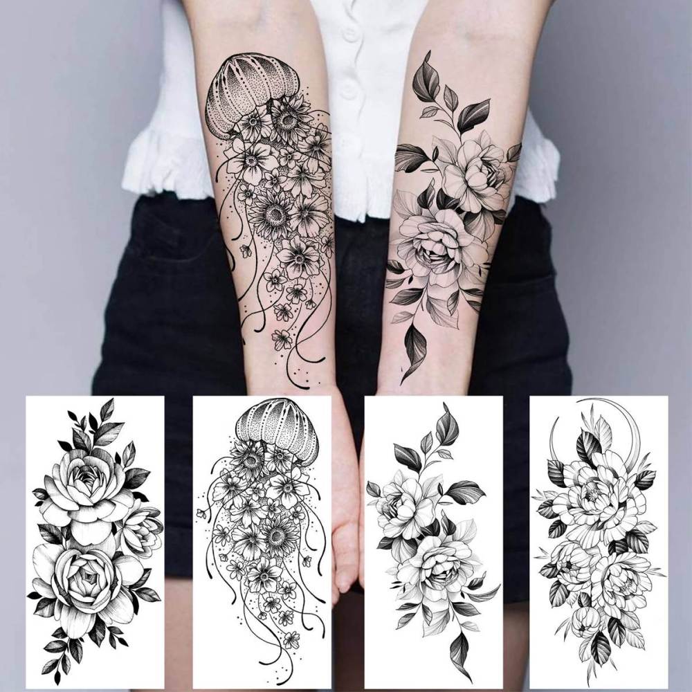64 Sheets Long Lasting Flower Temporary Fake Tattoos For Women Arm Neck, Jellyfish Sunflower Moon Rose For Adults Girl, 3D Temp Realistic Snake Tatoo Stickers Serpent Peony Floral Kids