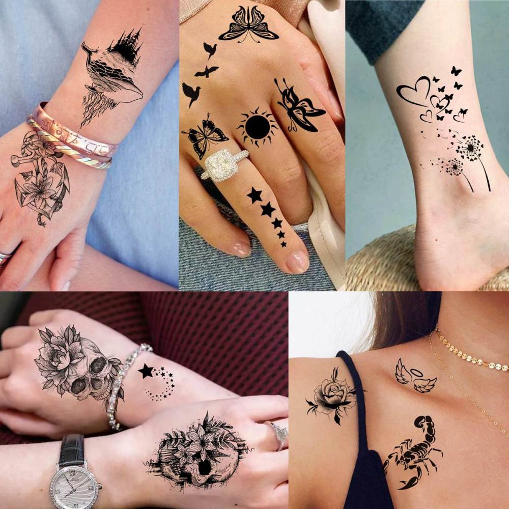 52 Sheets Creative Black Tiny Crown Infinity Triangle Fake Tattoos For Men Women Realistic Stars Letters Tattoos For Kids Temporary Waterproof Arm Hand Face Finger Neck Tatoo Stickers