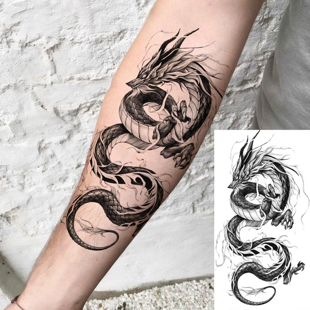 8 Sheets Cool Dragon Temporary Tattoos For Men Women Adults, Black Realistic Dragon Tattoo Sticker Half Arm Sleeve, Waterproof Tribal Totem Fake Tattoos That Look Real and Long Lasting Set Kit
