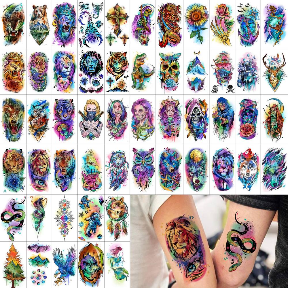 66 Sheets Watercolor Temporary Tattoos For Men Women Forearm Shoulder Legs Body Arm, 12 Sheets Long Lasting Lion Tiger Wolf Dragon Ealge Fake Tattoo Sleeve Adults, 54 Sheets Groovy Small Tatoos Kids