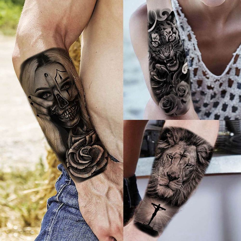 61 Sheets Realistic Skull Tiger Wolf Lion Temporary Tattoos For Women Men Arm Sleeve, 3D Halloween Temp Tattoos Adults Compass Black Rose Flower, Bulk Fake Tattoos That Look Real And Last Long