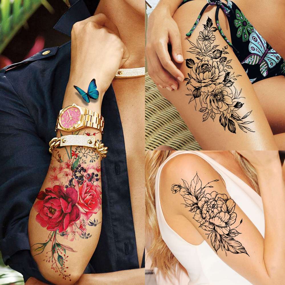 18 Sheets Sexy Flower Rose Temporary Tattoos For Women Girls Adults, Women Body Art Fake Arm Tattoo Stickers, Waterproof Moon Butterfly Black Floral Tattoo Temporary Orchid Dahlia Neck Tatoos