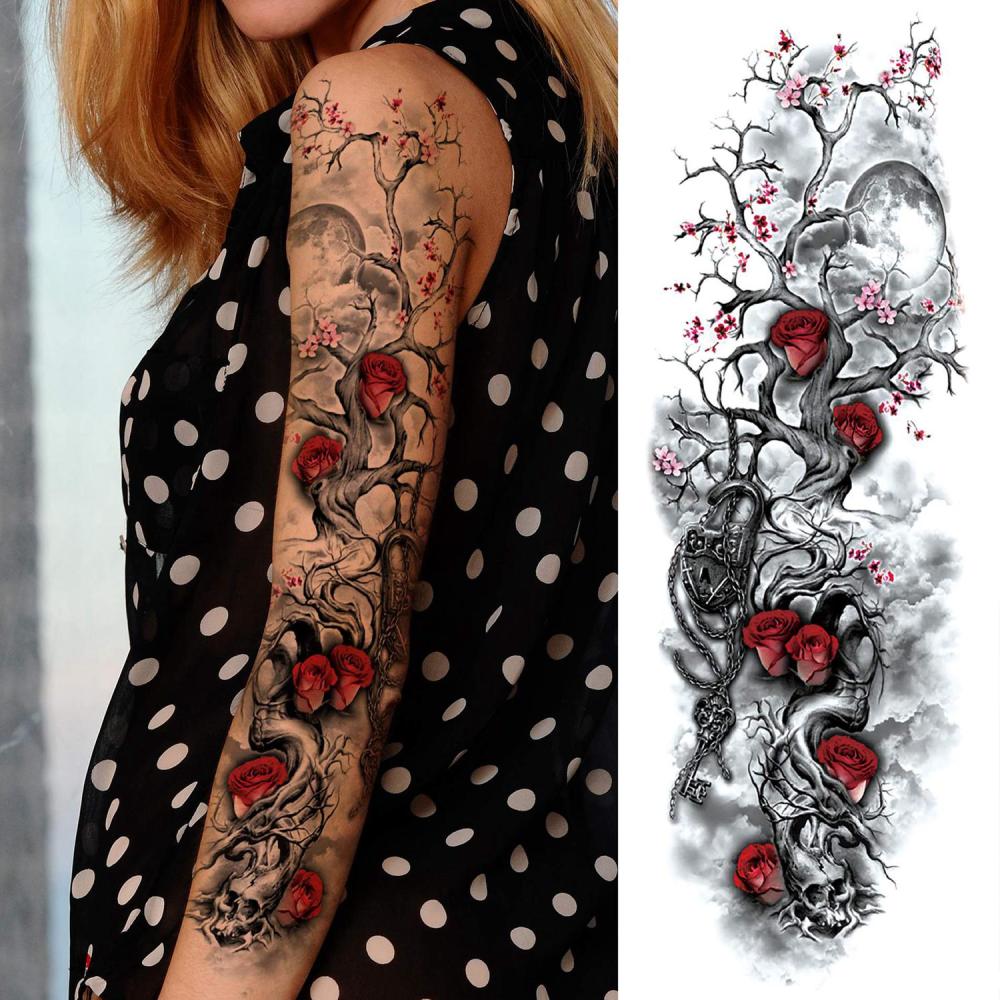 11 Sheets Large Vine Peony Flower Rose Full Arm Temporary Tattoos For Women Realistic Skull Skeleton Fake Temporary Tattoo Sleeves Stickers Waterproof Leg Makeup Floral Blossom Tatoos Paper Eye