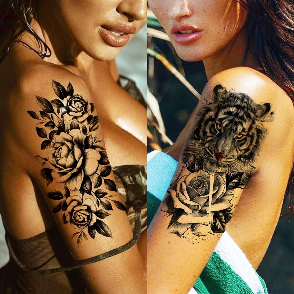 67 Sheets Black Realistic Rose Flower Temporary Tattoos For Women Girls Arm Thigh, Peony Moon Tiger Floral Temp Sleeve Tattoo Sticker Adult, Waterproof Fake Tatoos That Look Real And Last Long
