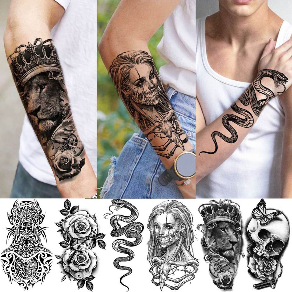 62 Sheets Large Wolf Lion Skeleton Temporary Tattoos For Men Women Arm, 3D Temp Bulk Halloween Accessory Realistic Tattoo Sticker For Adults Neck, Scary Skull Zombie Vampire Fake Tattoos Cobra Snake