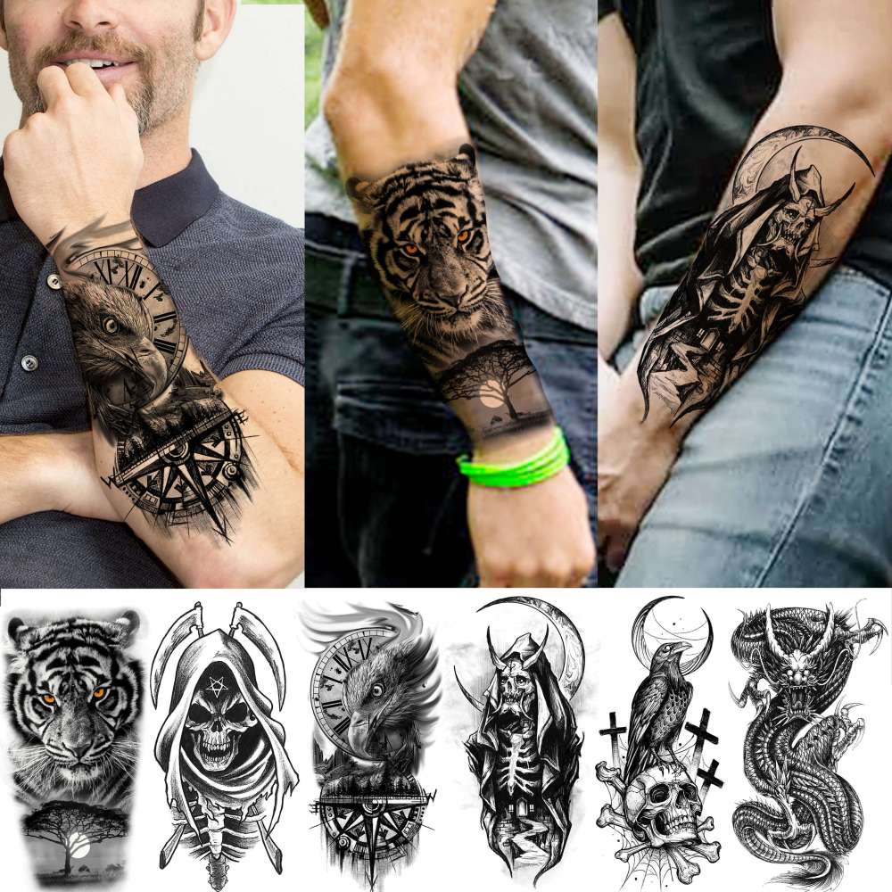 66 Sheets Black Eagle Dragon Halloween Temporary Tattoos For Men Women Thigh, Scary Tiger Lion Devil Skull Fake Tattoos For Adults, 3D Wolf Large Half Arm Sleeve Realistic Tattoo Forearm Vampire Demon
