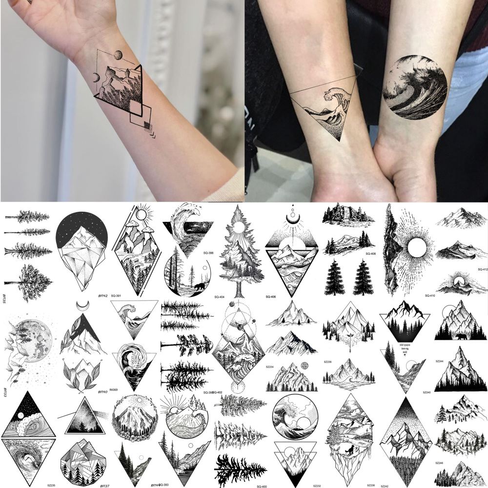52 Sheets Small Black Mountain Temporary Tattoos For Men Women Adult, Geometric Sea Weave Forest Pine Tree Realistic Tattoo Sticker For Kids Children, Moon Sun Star Triangle Tatoos Outer Space