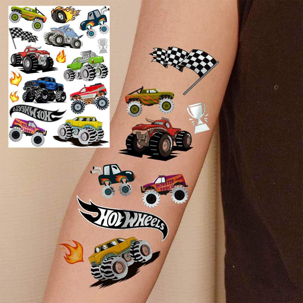 61+ PCS Monster Truck Temporary Tattoos For Kids Boys Girls, Groovy Flash Glitter Silver Metallic Fake Tattoo Sticker, Cartoon Racing Car Flames Trophy Face Tattoo Party Supplies Goodie Bags Stuffers