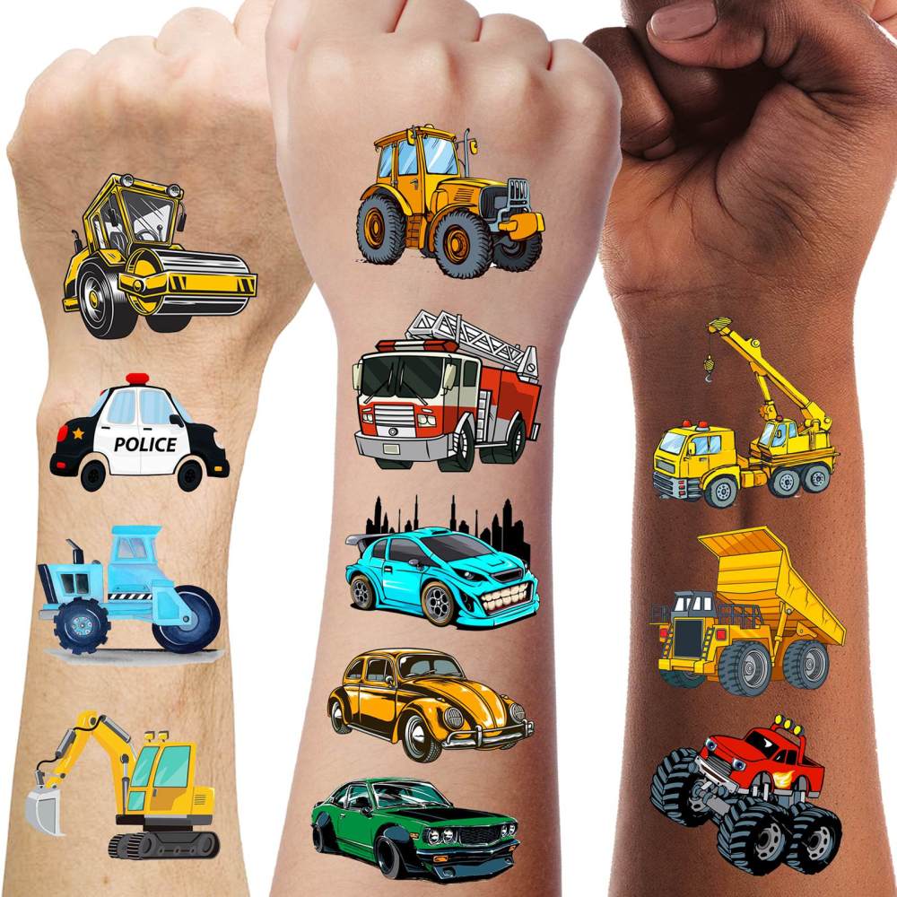 50 PCS Cute Cartoon Construction Temporary Tattoos For Kids Boys Face Arm, 3D Builder Excavator Monster Truck Racing Car Fake Tattoo Sticker Children Party Favor Birthday Gifts, Goodie Bags Stuffers