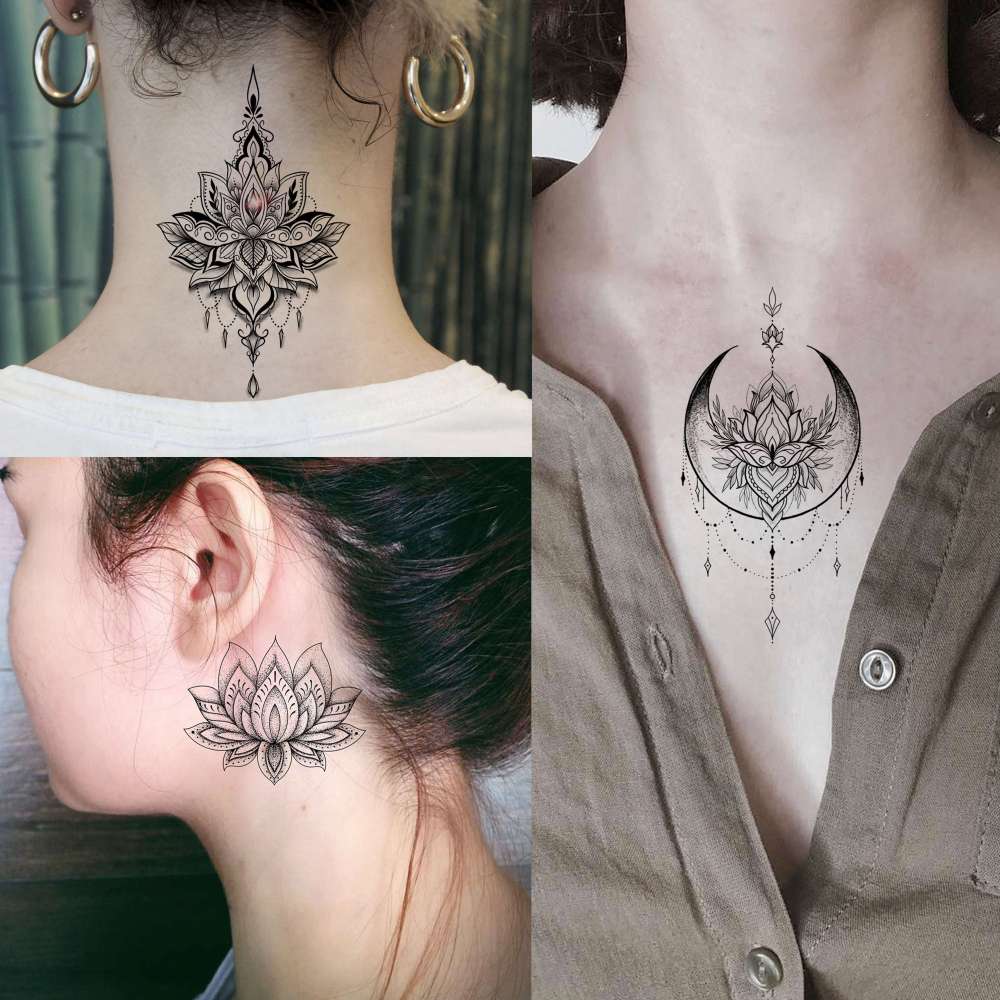 15 Sheets Sexy Black Lotus Temporary Tattoos For Women Wedding Brides, Tribal Fake Jewelry Pendant Lace Moon Moth Flowers Temp Tattoos Temporary Sticker For Girls Arm Neck Hands Tatoos Jewels