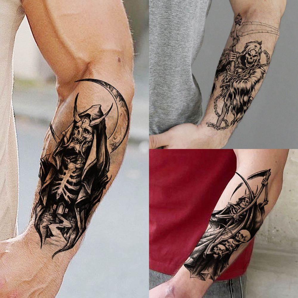 61 Sheets Halloween Temporary Tattoos for Men Women Adults, 12 Sheets Skeleton Death Skull Demon Devil Half Arm Sleeve Fake Tattoo Stickers, 49 Sheets Spider Web Bat Snake Vampire Scar Face Tattoos