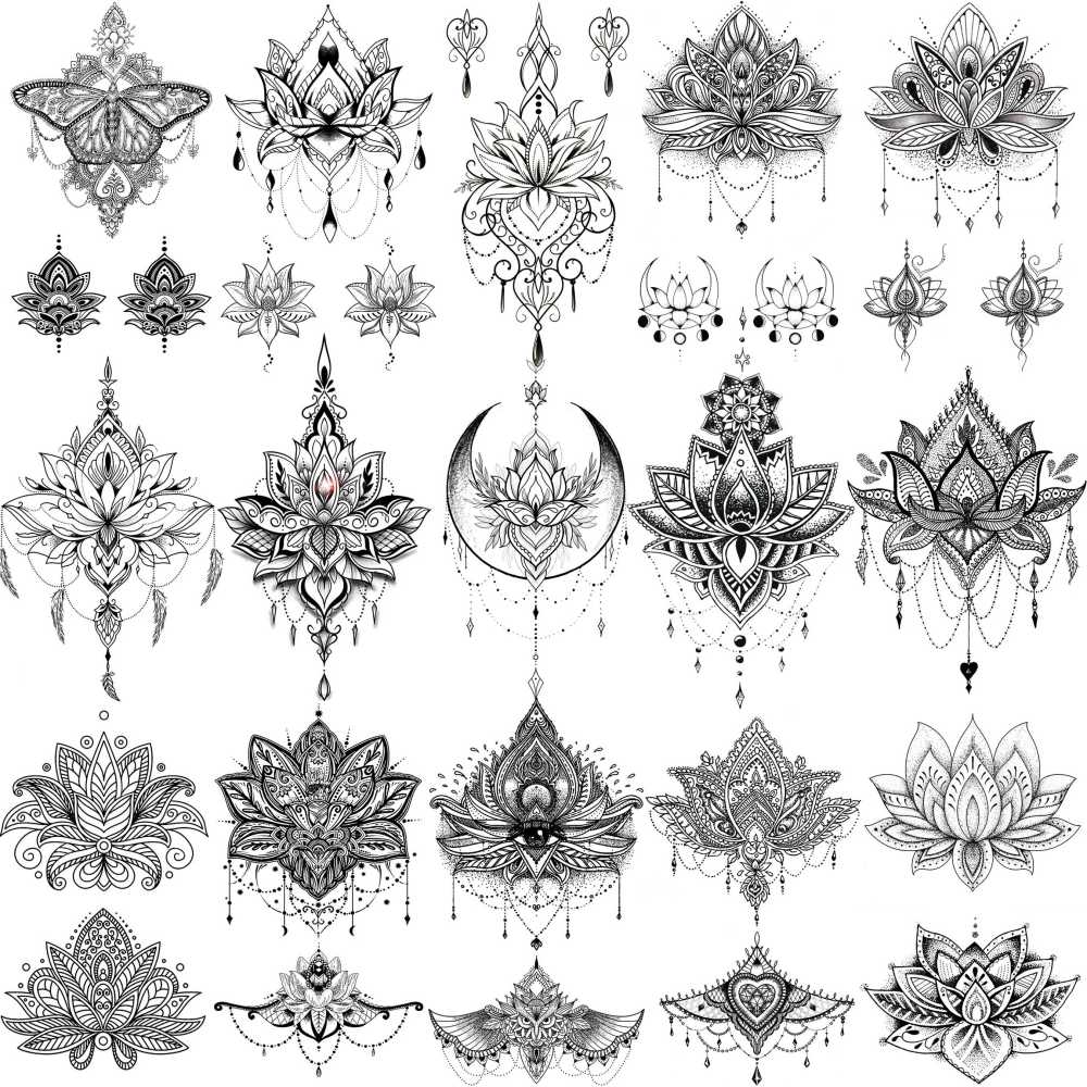 15 Sheets Sexy Black Lotus Temporary Tattoos For Women Wedding Brides, Tribal Fake Jewelry Pendant Lace Moon Moth Flowers Temp Tattoos Temporary Sticker For Girls Arm Neck Hands Tatoos Jewels