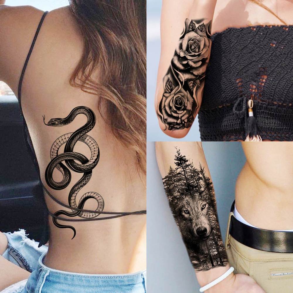 65 Sheets  Black Tiger Lion Temporary Tattoos For Men Women Arm Sleeve, Waterproof Tattoo Stickers Adults Snake Wolf Rose Flower Compass, 3D Skull Owl Fake Tattoos That Look Real And Last Long