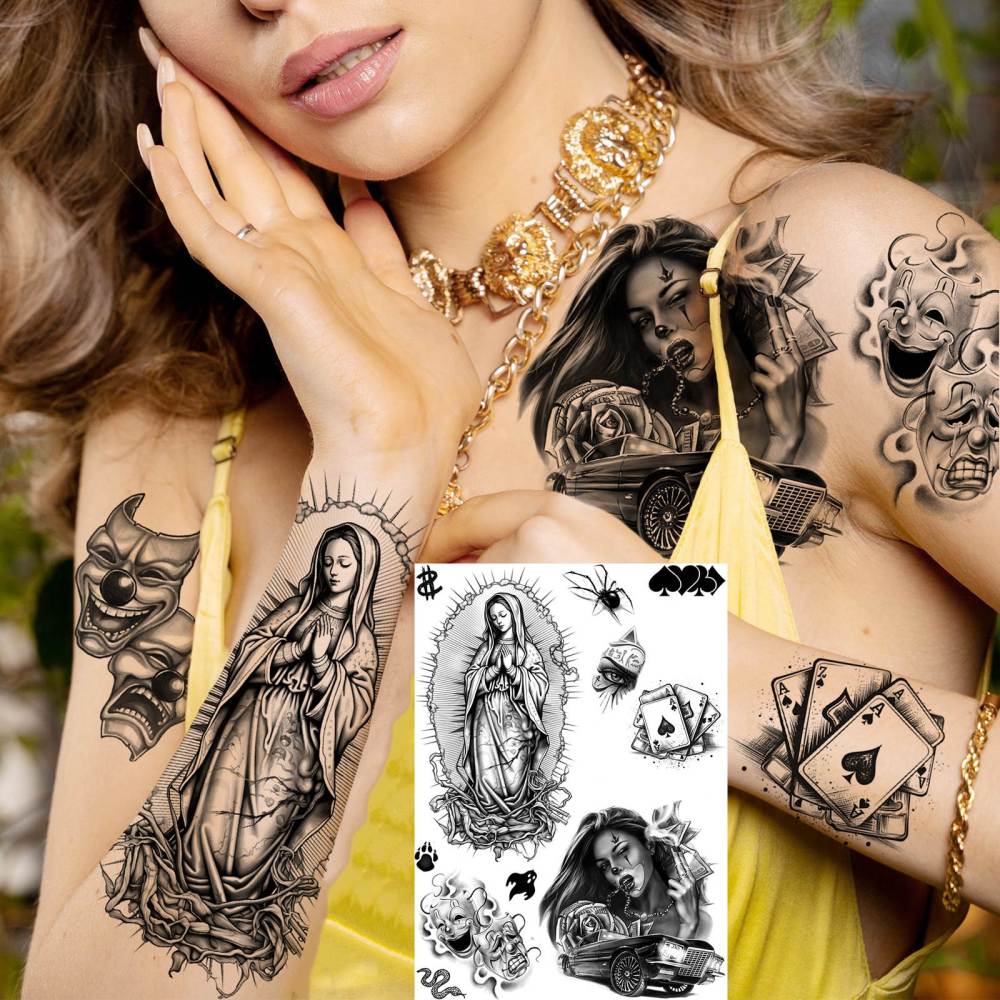 6 Sheets Chicano Temporary Tattoos For Women Men Adults Halloween Face Makeup Kit, Black Guadalupe Tattoo Stickers, Gangster Payasa Gansta Fake Tatoos Prison Familia Joker, Tatuajes Temporales