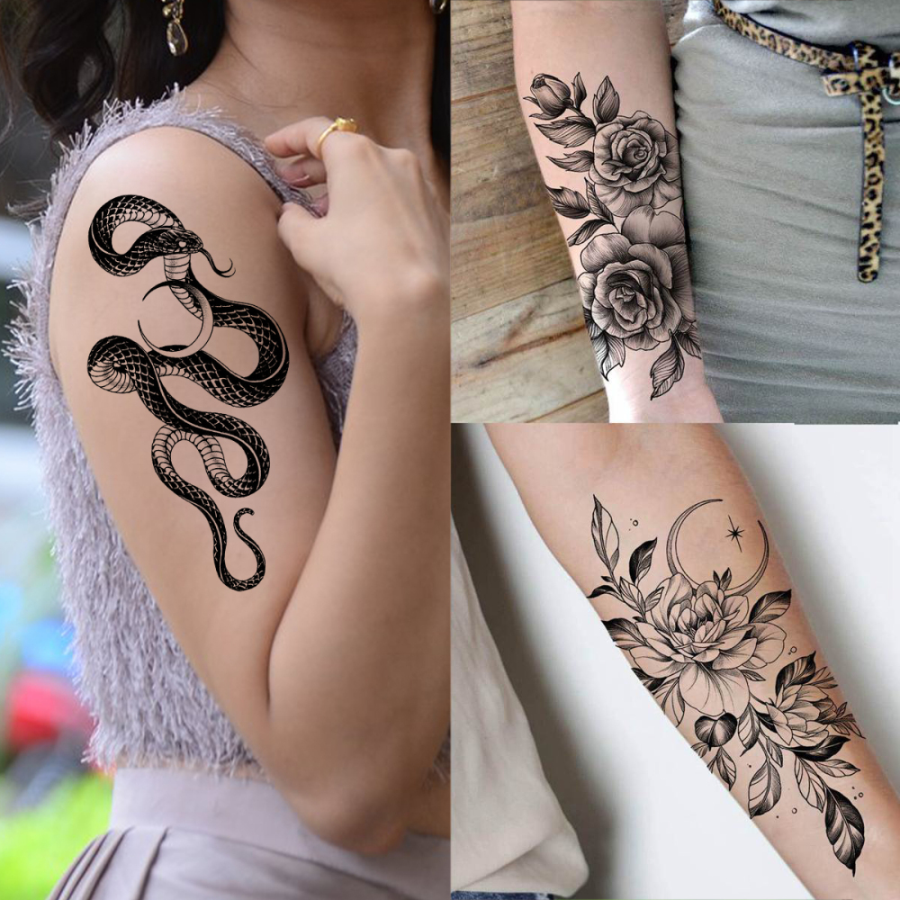 64 Sheets Long Lasting Flower Temporary Fake Tattoos For Women Arm Neck, Jellyfish Sunflower Moon Rose For Adults Girl, 3D Temp Realistic Snake Tatoo Stickers Serpent Peony Floral Kids