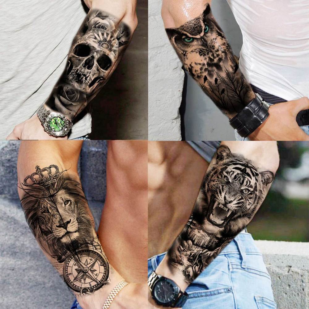65 Sheets  Black Tiger Lion Temporary Tattoos For Men Women Arm Sleeve, Waterproof Tattoo Stickers Adults Snake Wolf Rose Flower Compass, 3D Skull Owl Fake Tattoos That Look Real And Last Long
