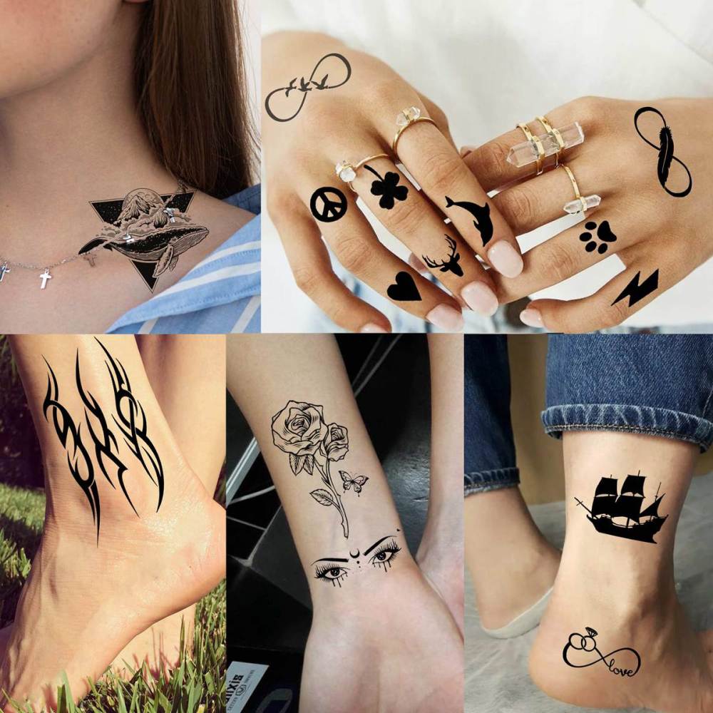 52 Sheets Creative Black Tiny Crown Infinity Triangle Fake Tattoos For Men Women Realistic Stars Letters Tattoos For Kids Temporary Waterproof Arm Hand Face Finger Neck Tatoo Stickers