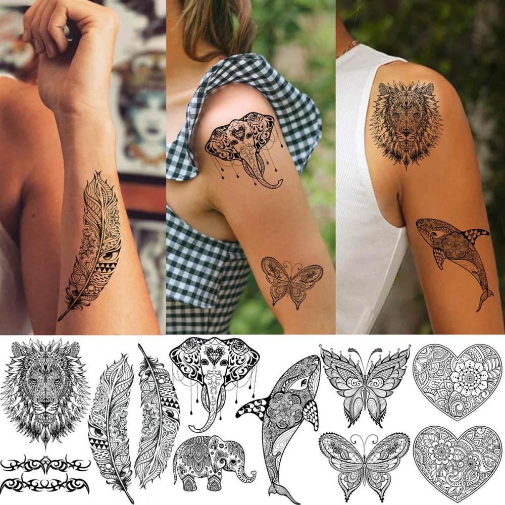 32 Sheets Sexy Black Lotus Temporary Tattoos For Women Girls Indian Tribal Lace Tatoo Sticker Neck, Mandala Flower Butterfly Rose Tattoo Temporary Dreamcatcher Elephant Henna Tattoo Kit Adults