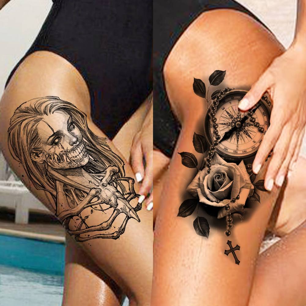 49 Sheets Tribal Black Temporary Tattoos For Women Men Adults Body Arm, Long Lasting Maori Wolf Tiger Lion Spartan Warrior Gladiator Fake Tattoo Stickers Gangster Rose Skull, Bulk Halloween Tattoos