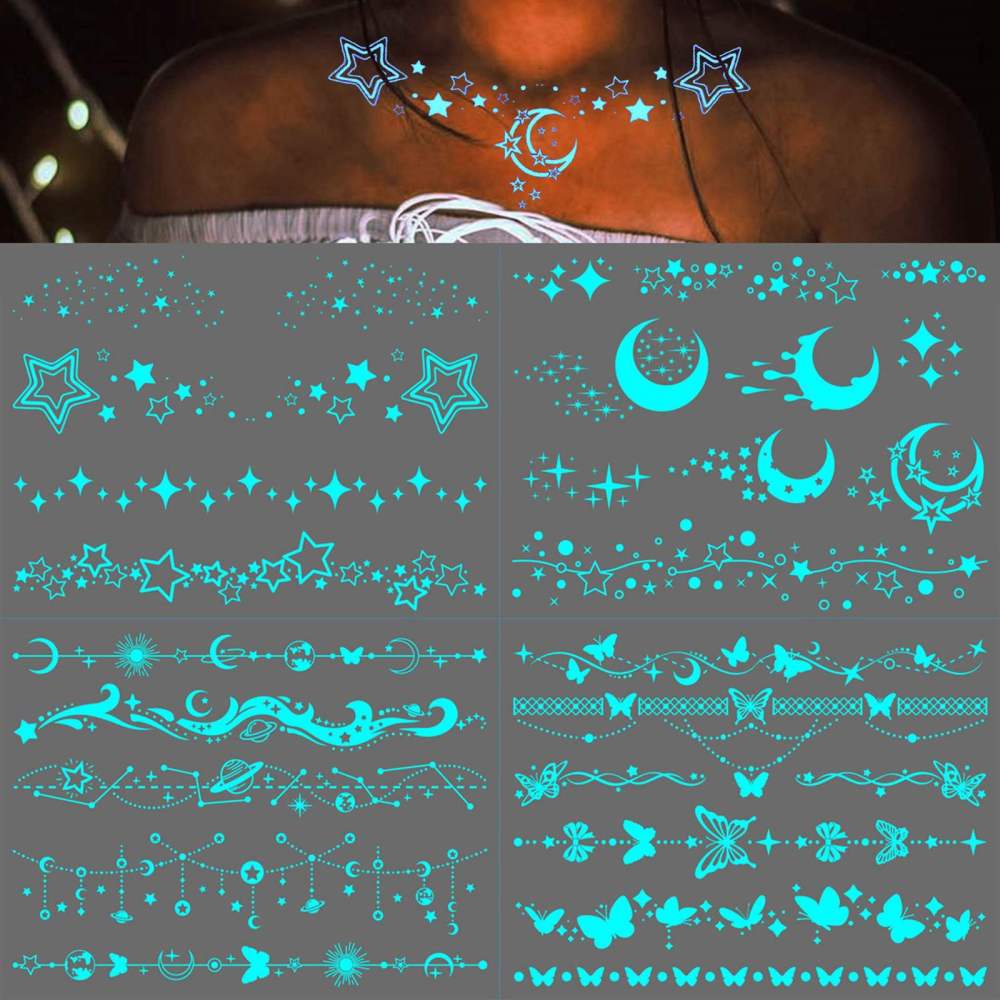 Blue Luminous Star Crescent Moon Temporary Tattoos For Women Clavicle Girls Adults Neck, 4 Sheets Sexy Lace Butterfly Planet Fake Necklace Glow In The Dark Tattoo Sticker, Night Glitter Party Supply