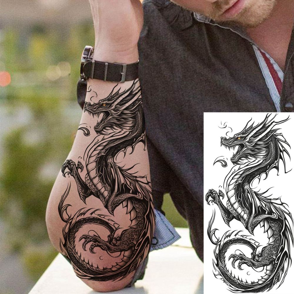 8 Sheets Cool Dragon Temporary Tattoos For Men Women Adults, Black Realistic Dragon Tattoo Sticker Half Arm Sleeve, Waterproof Tribal Totem Fake Tattoos That Look Real and Long Lasting Set Kit