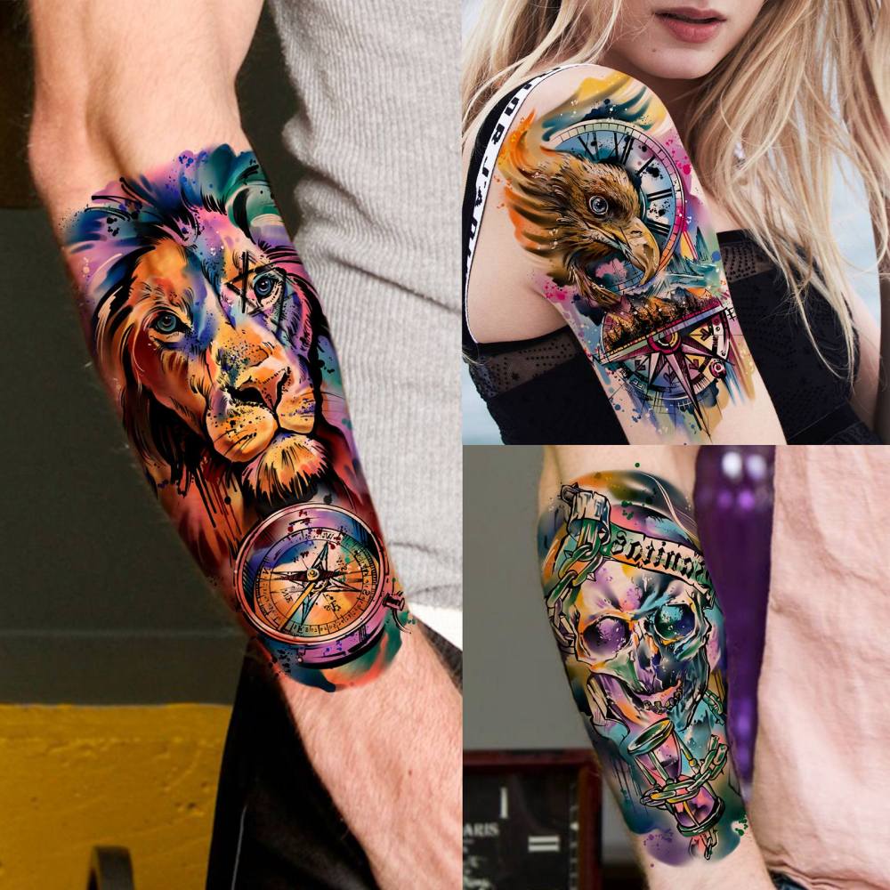 66 Sheets Watercolor Temporary Tattoos For Men Women Forearm Shoulder Legs Body Arm, 12 Sheets Long Lasting Lion Tiger Wolf Dragon Ealge Fake Tattoo Sleeve Adults, 54 Sheets Groovy Small Tatoos Kids