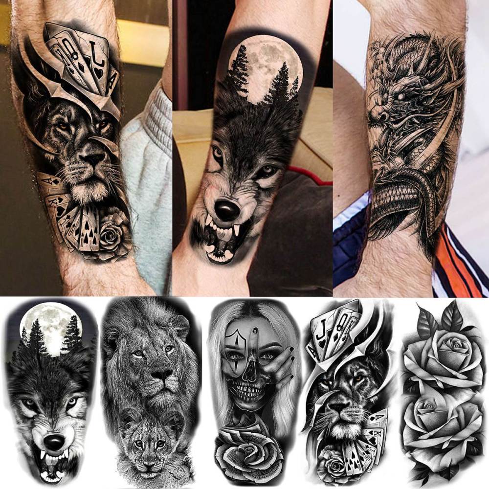 61 Sheets Realistic Skull Tiger Wolf Lion Temporary Tattoos For Women Men Arm Sleeve, 3D Halloween Temp Tattoos Adults Compass Black Rose Flower, Bulk Fake Tattoos That Look Real And Last Long