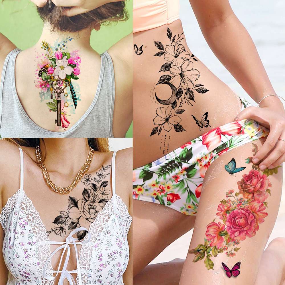 18 Sheets Sexy Flower Rose Temporary Tattoos For Women Girls Adults, Women Body Art Fake Arm Tattoo Stickers, Waterproof Moon Butterfly Black Floral Tattoo Temporary Orchid Dahlia Neck Tatoos