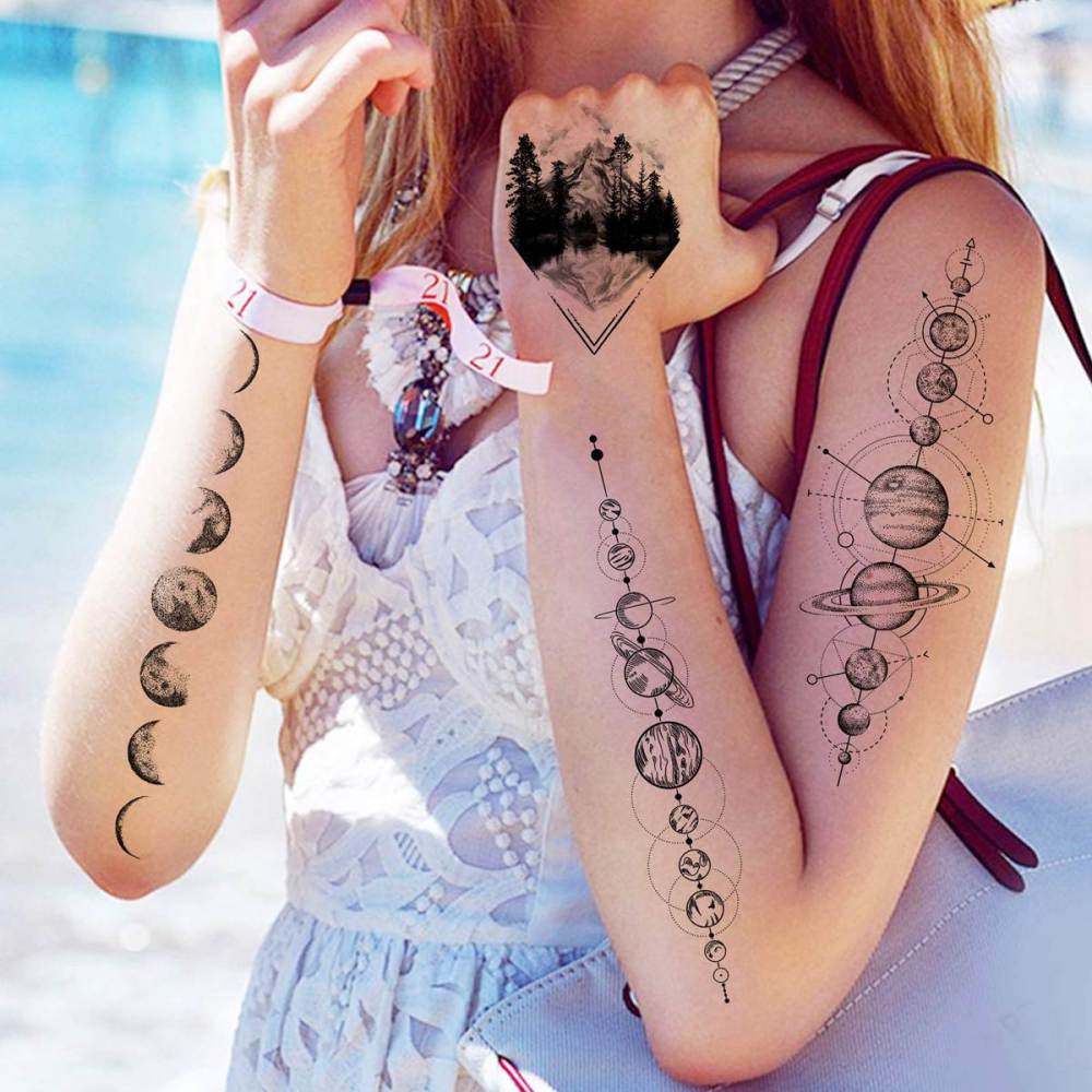 33 Sheets Outer Space Temporary Tattoos for Kids Boys Girl Women Men Adults Children, Geometry Astronaut Universe Fake Tattoo Star Moon Solar Syetem