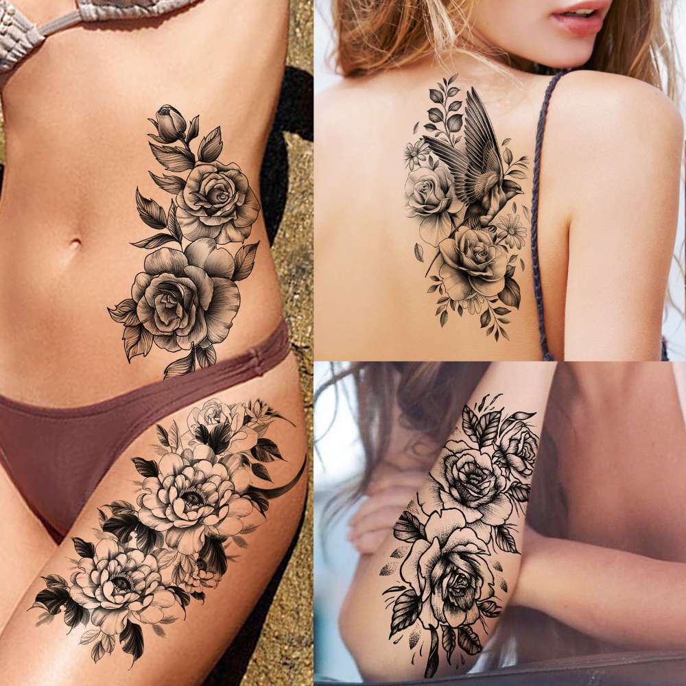 67 Sheets Black Realistic Rose Flower Temporary Tattoos For Women Girls Arm Thigh, Peony Moon Tiger Floral Temp Sleeve Tattoo Sticker Adult, Waterproof Fake Tatoos That Look Real And Last Long