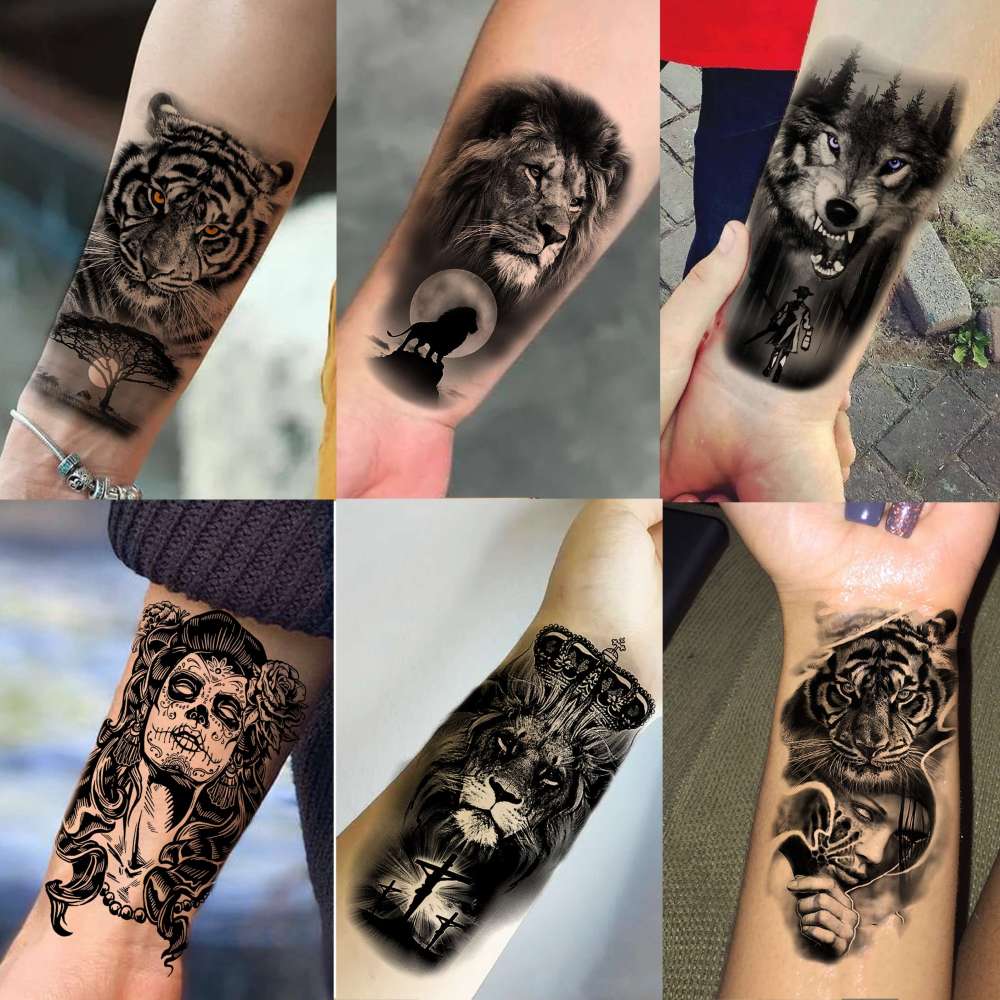 60 Sheets 3D Cool Lion Tiger Temporary Tattoos For Men Women Arm Finger Hands, Small Scary Devil Skull Skeleton Fake Tattoos For Adult Teens Halloween, Black Wolf Dragon Realistic Tatoo Sticker