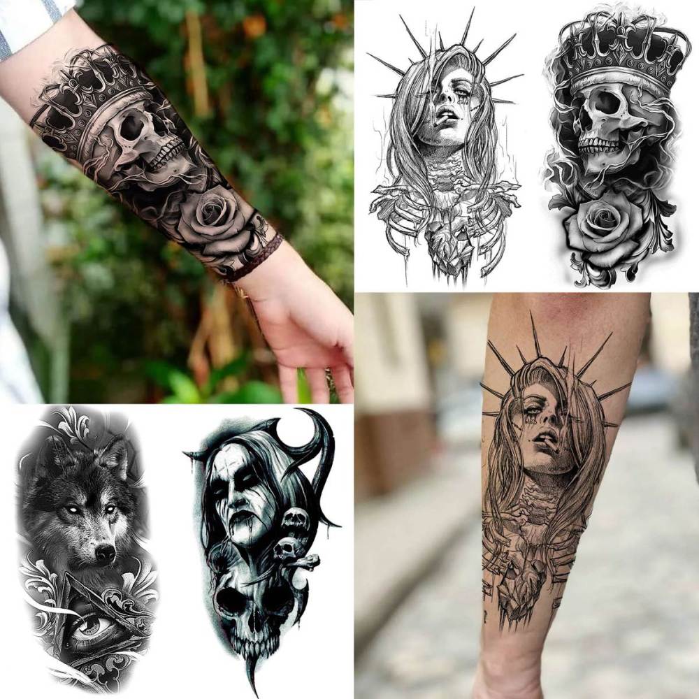 62 Sheets Large Wolf Lion Skeleton Temporary Tattoos For Men Women Arm, 3D Temp Bulk Halloween Accessory Realistic Tattoo Sticker For Adults Neck, Scary Skull Zombie Vampire Fake Tattoos Cobra Snake