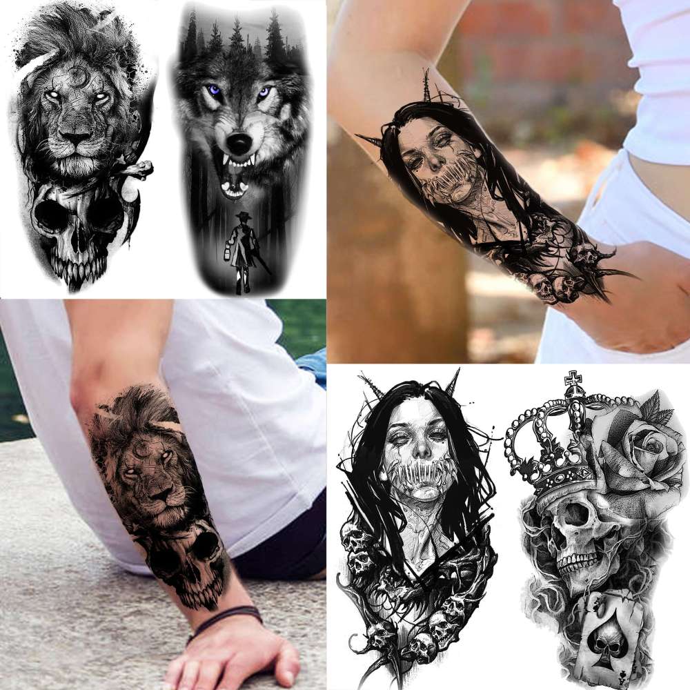 66 Sheets Black Eagle Dragon Halloween Temporary Tattoos For Men Women Thigh, Scary Tiger Lion Devil Skull Fake Tattoos For Adults, 3D Wolf Large Half Arm Sleeve Realistic Tattoo Forearm Vampire Demon
