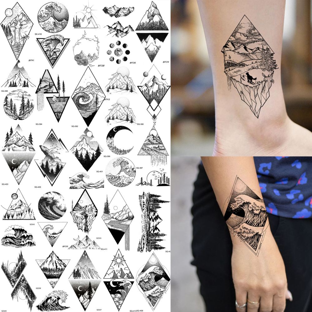 52 Sheets Small Black Mountain Temporary Tattoos For Men Women Adult, Geometric Sea Weave Forest Pine Tree Realistic Tattoo Sticker For Kids Children, Moon Sun Star Triangle Tatoos Outer Space
