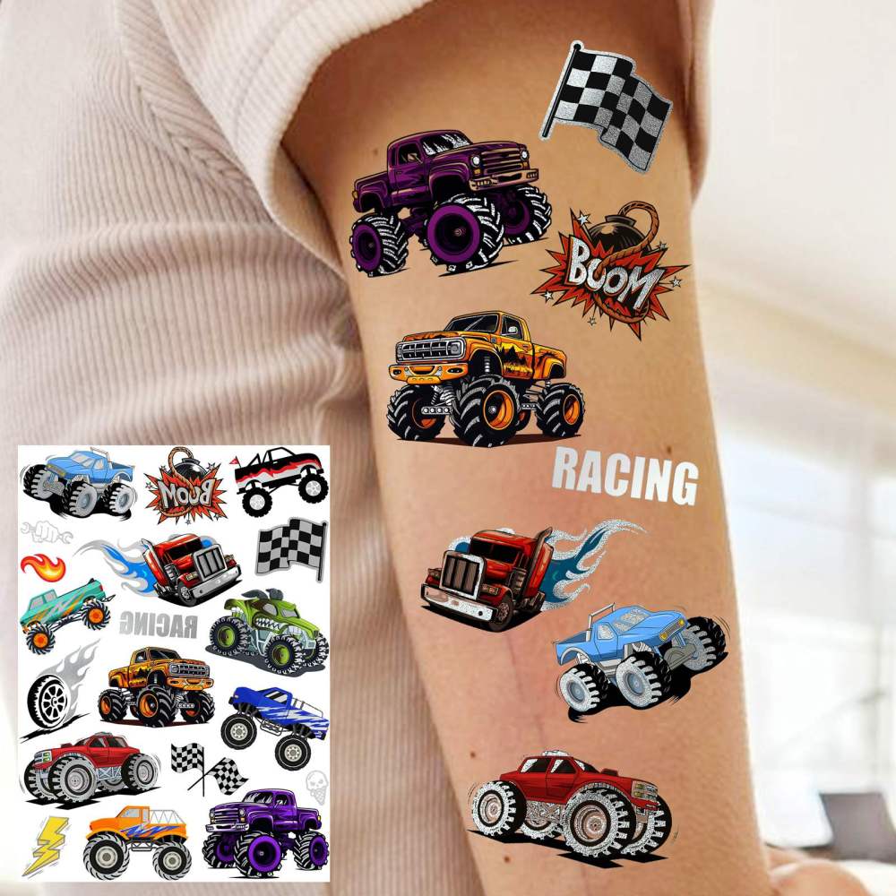 61+ PCS Monster Truck Temporary Tattoos For Kids Boys Girls, Groovy Flash Glitter Silver Metallic Fake Tattoo Sticker, Cartoon Racing Car Flames Trophy Face Tattoo Party Supplies Goodie Bags Stuffers