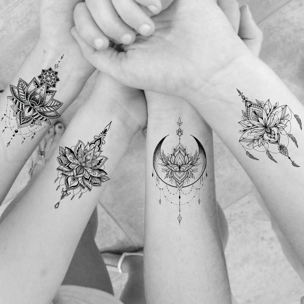 15 Sheets Sexy Black Lotus Temporary Tattoos For Women Wedding Brides, Tribal Fake Jewelry Pendant Lace Moon Moth Flowers Temp Tattoos Temporary Sticker For Girls Arm Neck Hands Tatoos Jewels