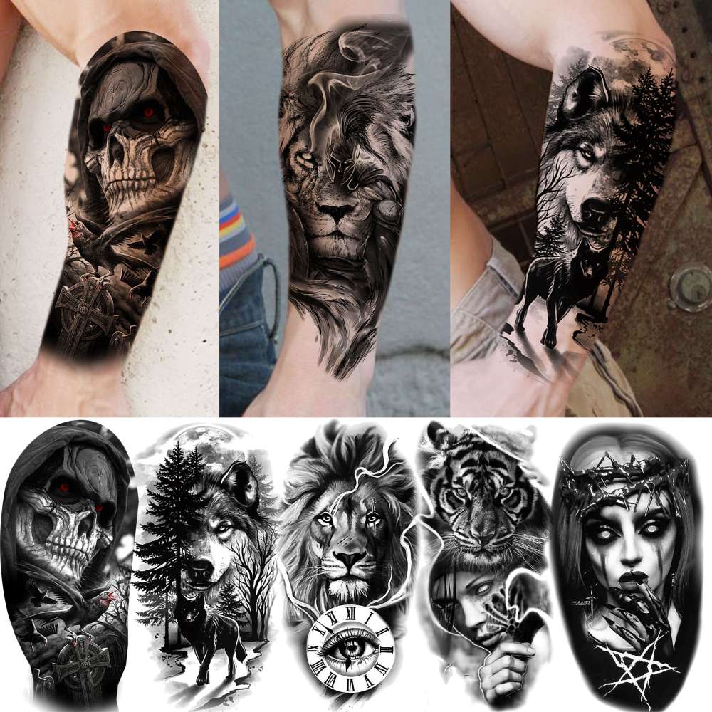 59 Sheets 3D Black Halloween Temporary Tattoos For Men Women Kids, Long Lasting Temp Fake Sleeeve Tattoos For Adults, Large Realistic Skull Skeleton Owl Wolf Lion Tiger Ship Tatoo Sticker Arm