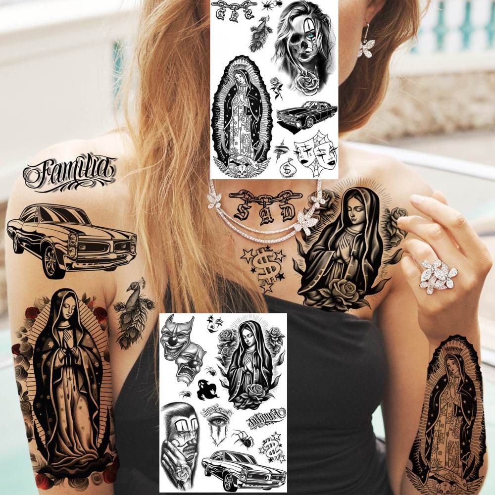 6 Sheets Chicano Temporary Tattoos For Women Men Adults Halloween Face Makeup Kit, Black Guadalupe Tattoo Stickers, Gangster Payasa Gansta Fake Tatoos Prison Familia Joker, Tatuajes Temporales
