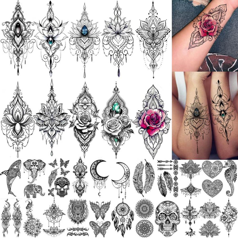 32 Sheets Sexy Black Lotus Temporary Tattoos For Women Girls Indian Tribal Lace Tatoo Sticker Neck, Mandala Flower Butterfly Rose Tattoo Temporary Dreamcatcher Elephant Henna Tattoo Kit Adults