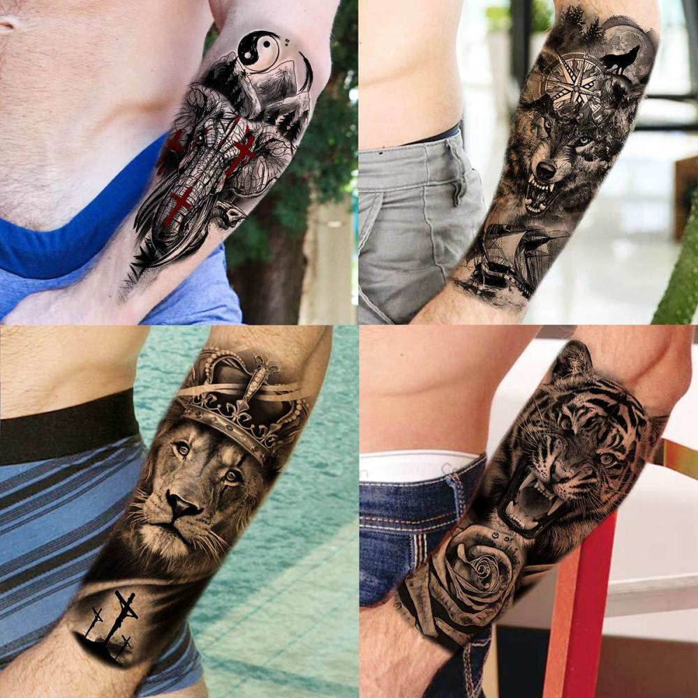 63 Sheets Tribal Wolf Lion Tiger Temporary Tattoos For Men Women Adults, Scary Halloween Skull Gangster Fake Tattoo Stickers Kids, Small 3D Realistic Tattoos Thigh Arm Neck Elephant Warrior