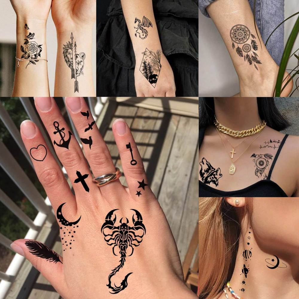 52 Sheets Creative Black Tiny Crown Infinity Triangle Fake Tattoos For Men Women Realistic Stars Letters Tattoos For Kids Temporary Waterproof Arm Hand Face Finger Neck Tatoo Stickers