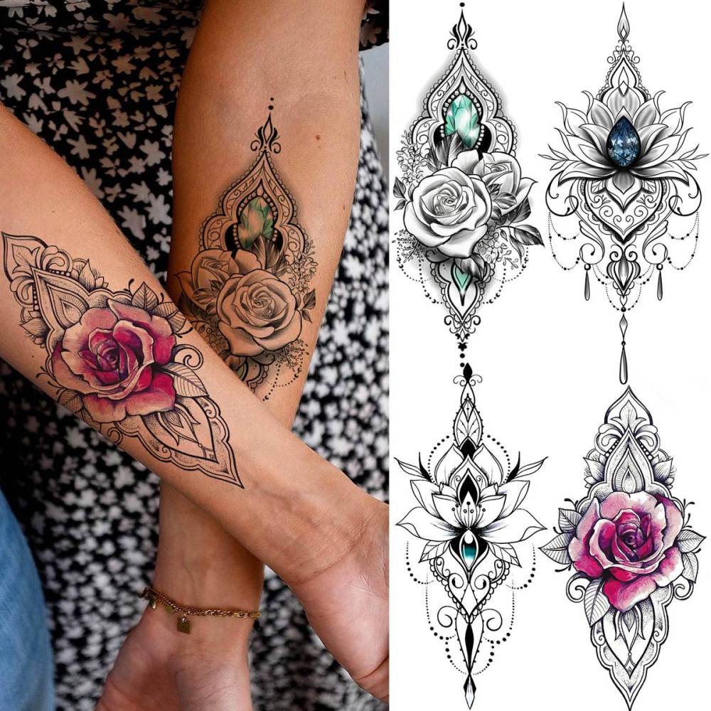 32 Sheets Sexy Black Lotus Temporary Tattoos For Women Girls Indian Tribal Lace Tatoo Sticker Neck, Mandala Flower Butterfly Rose Tattoo Temporary Dreamcatcher Elephant Henna Tattoo Kit Adults
