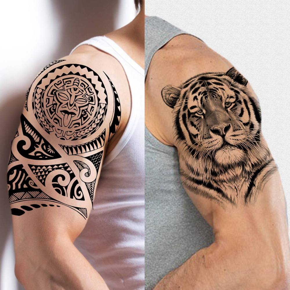 49 Sheets Tribal Black Temporary Tattoos For Women Men Adults Body Arm, Long Lasting Maori Wolf Tiger Lion Spartan Warrior Gladiator Fake Tattoo Stickers Gangster Rose Skull, Bulk Halloween Tattoos