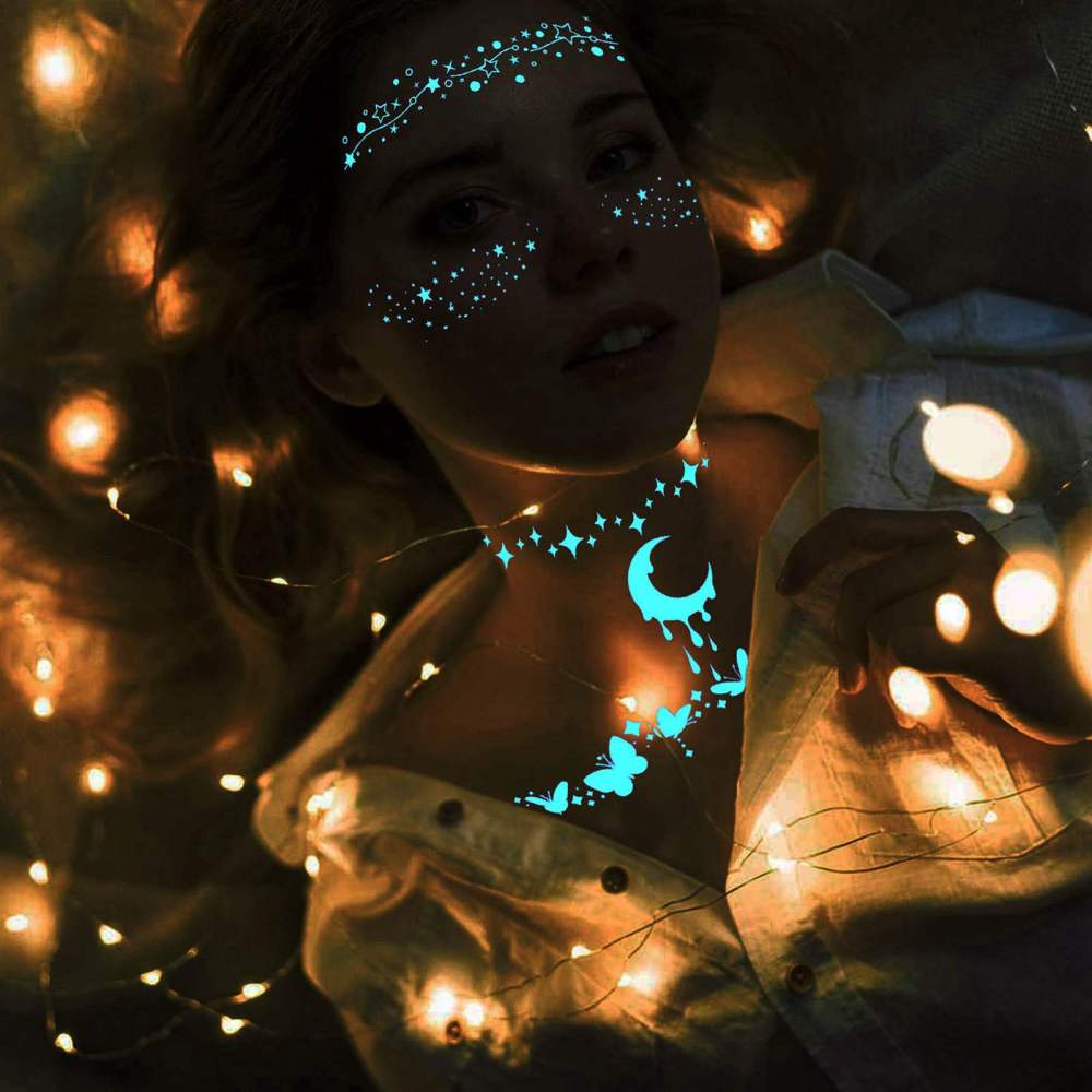 Blue Luminous Star Crescent Moon Temporary Tattoos For Women Clavicle Girls Adults Neck, 4 Sheets Sexy Lace Butterfly Planet Fake Necklace Glow In The Dark Tattoo Sticker, Night Glitter Party Supply