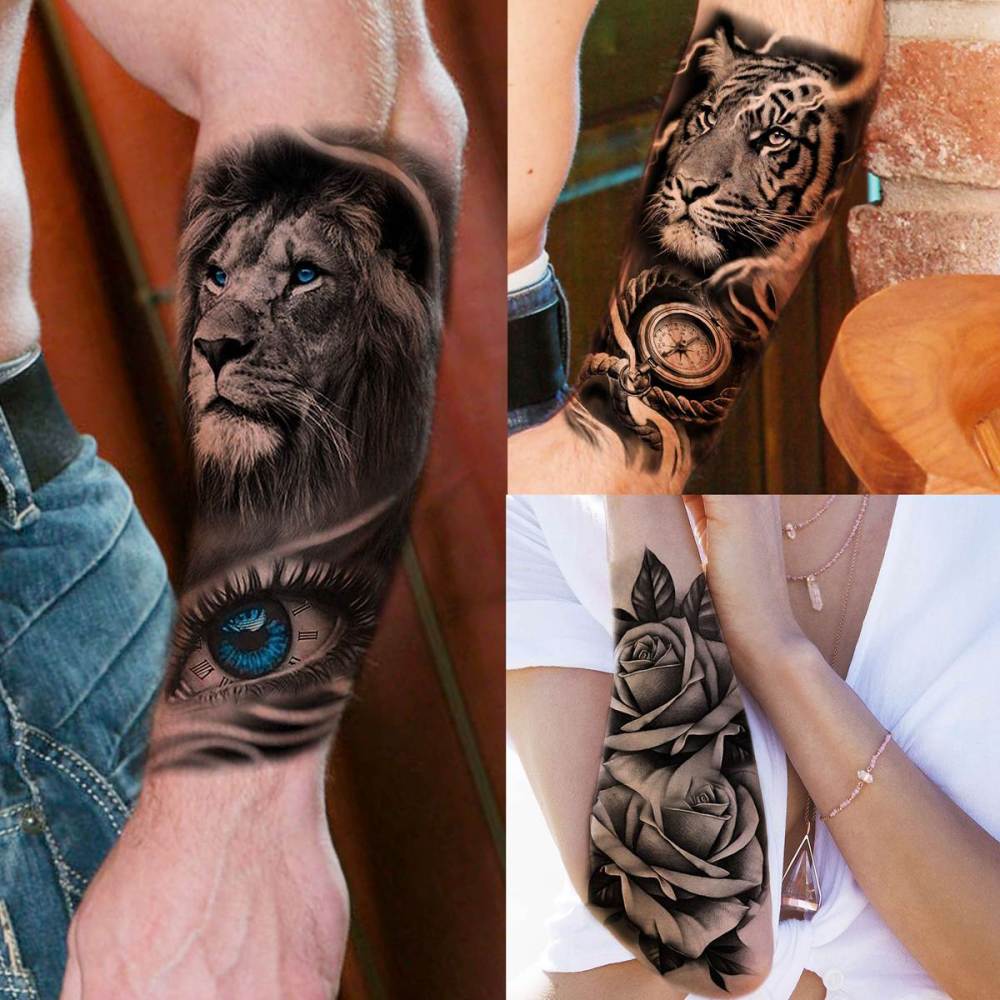 61 Sheets Realistic Skull Tiger Wolf Lion Temporary Tattoos For Women Men Arm Sleeve, 3D Halloween Temp Tattoos Adults Compass Black Rose Flower, Bulk Fake Tattoos That Look Real And Last Long